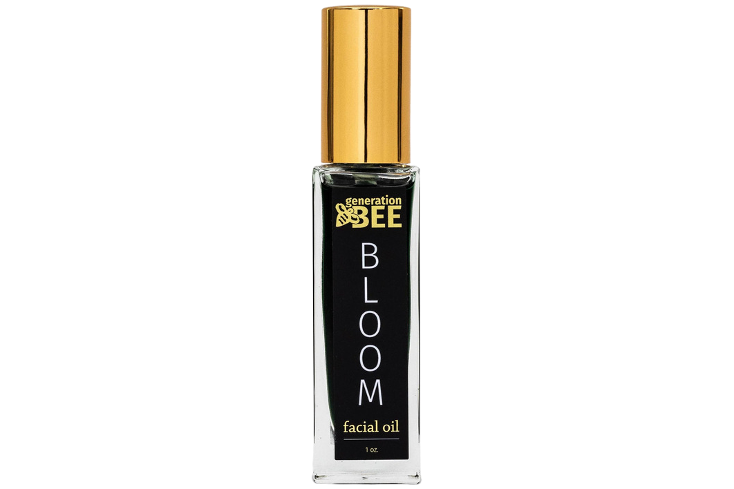 Bottle of 'Bloom' facial oil by generation bee on a white background

