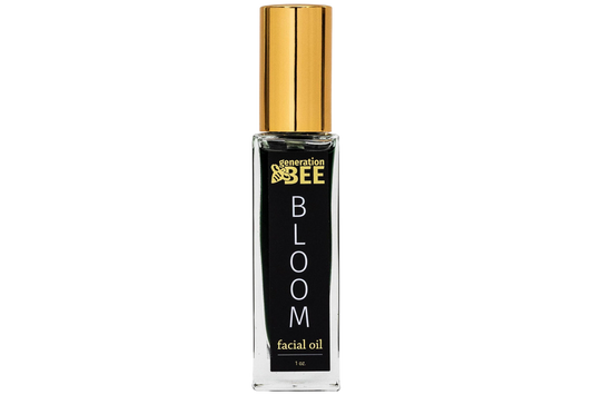Bottle of 'Bloom' facial oil by generation bee on a white background

