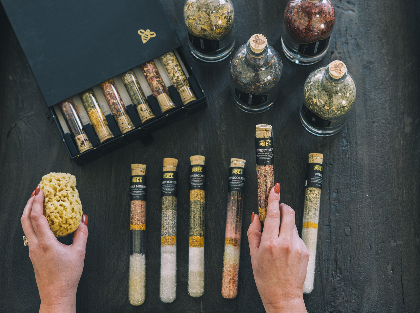 Generation Bee bath products on the black table