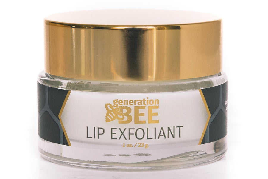 Jar of lip exfoliant with gold lid and 'generation bee' logo