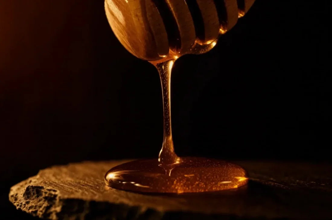 Honey drizzling from a wooden dipper onto a stone slab